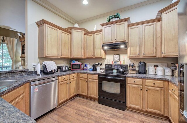 kitchen featuring black range with electric cooktop, stainless steel dishwasher, under cabinet range hood, crown molding, and light wood-type flooring
