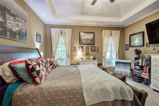carpeted bedroom featuring a raised ceiling, multiple windows, and a ceiling fan