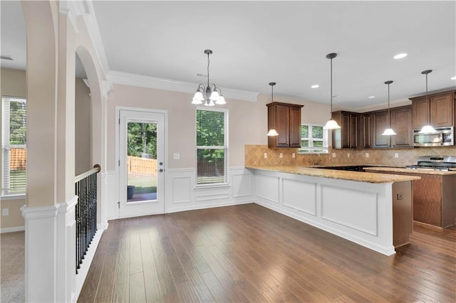 kitchen featuring light stone countertops, stainless steel appliances, a peninsula, tasteful backsplash, and dark wood-type flooring