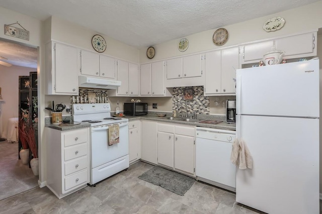kitchen featuring a sink, white appliances, white cabinets, and under cabinet range hood