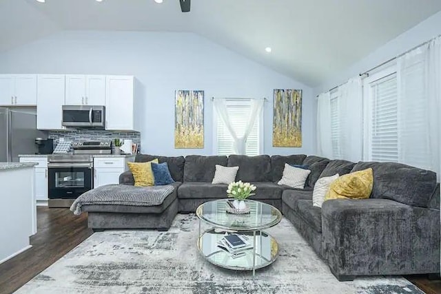 living room with dark wood-type flooring and vaulted ceiling