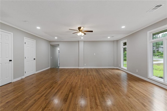 679 Creek View Dr, Lawrenceville, GA 30044 - empty room featuring ornamental molding, a ceiling fan, wood finished floors, recessed lighting, and baseboards