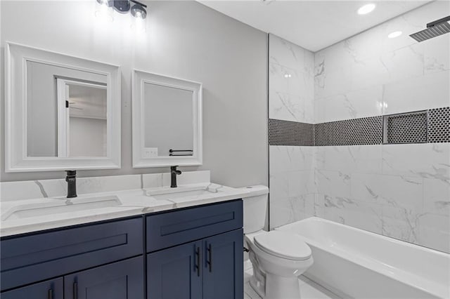679 Creek View Dr, Lawrenceville, GA 30044 - bathroom with double vanity, toilet, and tub / shower combination