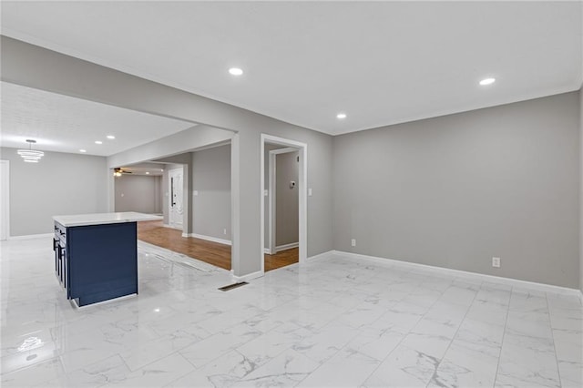 679 Creek View Dr, Lawrenceville, GA 30044 - basement featuring baseboards, light marble finish floors, recessed lighting, and a ceiling fan