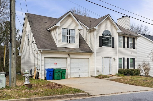 view of front of property featuring driveway, a shingled roof, a chimney, and an attached garage