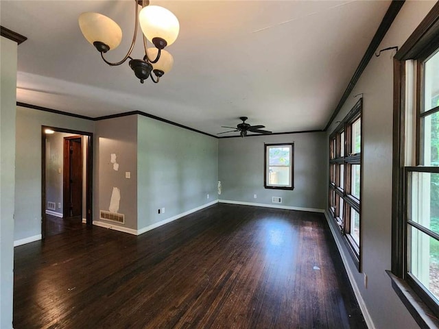 1321 Snapfinger Rd, Decatur, GA 30032 - empty room with wood finished floors, crown molding, baseboards, a ceiling fan, and a chandelier
