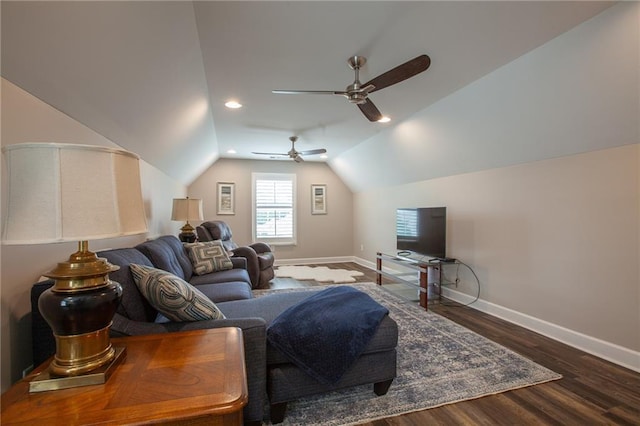 3678 Cresswind Pkwy SW, Gainesville, GA 30504 - living area with baseboards, wood finished floors, vaulted ceiling, ceiling fan, and recessed lighting