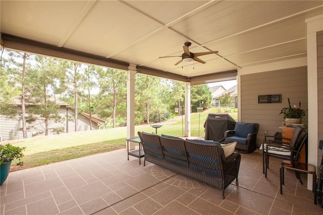 3678 Cresswind Pkwy SW, Gainesville, GA 30504 - view of patio / terrace with an outdoor living space, a ceiling fan, and grilling area