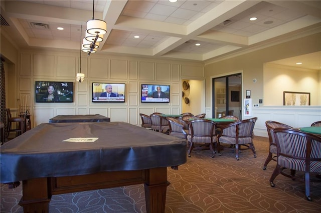 3678 Cresswind Pkwy SW, Gainesville, GA 30504 - playroom with a decorative wall, coffered ceiling, billiards table, dark colored carpet, and beam ceiling