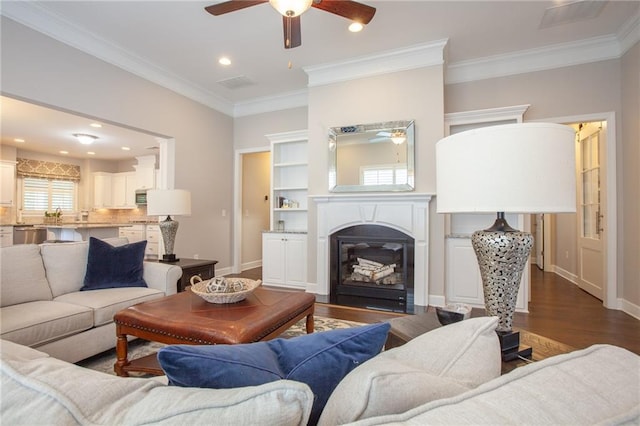 3678 Cresswind Pkwy SW, Gainesville, GA 30504 - living area with ceiling fan, a glass covered fireplace, dark wood-style floors, ornamental molding, and baseboards