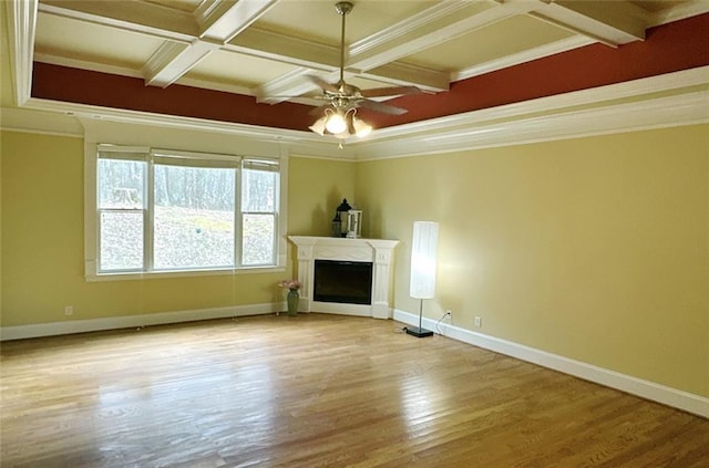 unfurnished living room with light hardwood / wood-style floors, beam ceiling, crown molding, and coffered ceiling