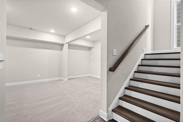 staircase with recessed lighting, carpet flooring, visible vents, and baseboards