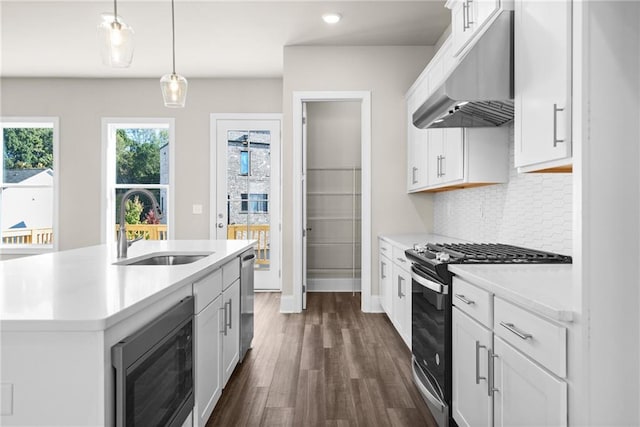 kitchen featuring light countertops, appliances with stainless steel finishes, a sink, and under cabinet range hood