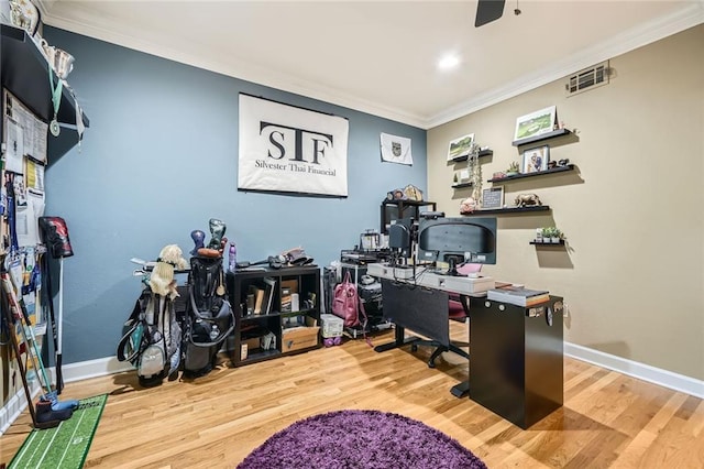 3777 Peachtree Rd NE Unit 438, Brookhaven, GA 30319 - office area featuring ornamental molding, wood finished floors, and a ceiling fan