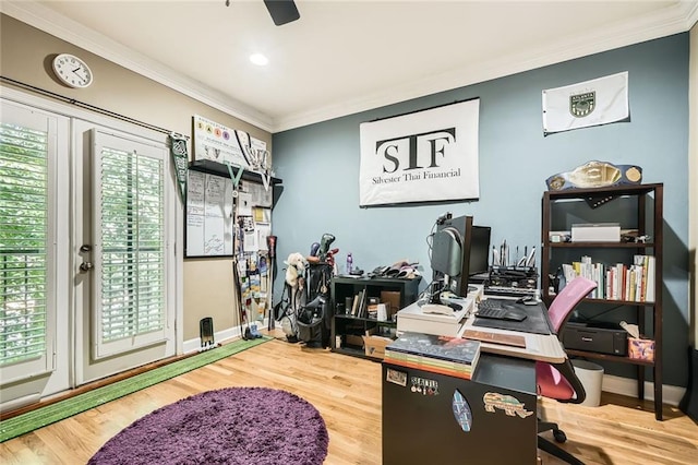 3777 Peachtree Rd NE Unit 438, Brookhaven, GA 30319 - office area with crown molding, a ceiling fan, wood finished floors, and recessed lighting