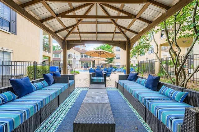 3777 Peachtree Rd NE Unit 438, Brookhaven, GA 30319 - view of patio / terrace featuring an outdoor living space, a gazebo, and a residential view