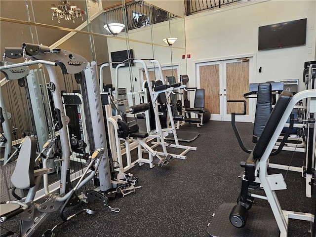 3777 Peachtree Rd NE Unit 438, Brookhaven, GA 30319 - workout area featuring a high ceiling and french doors