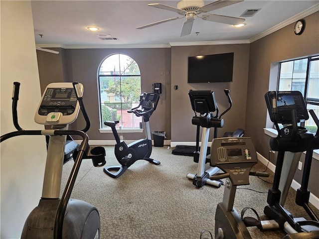 3777 Peachtree Rd NE Unit 438, Brookhaven, GA 30319 - workout room featuring ceiling fan, crown molding, and carpet flooring