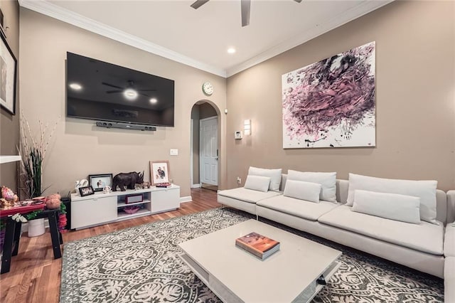 3777 Peachtree Rd NE Unit 438, Brookhaven, GA 30319 - living area with a ceiling fan, arched walkways, ornamental molding, wood finished floors, and recessed lighting