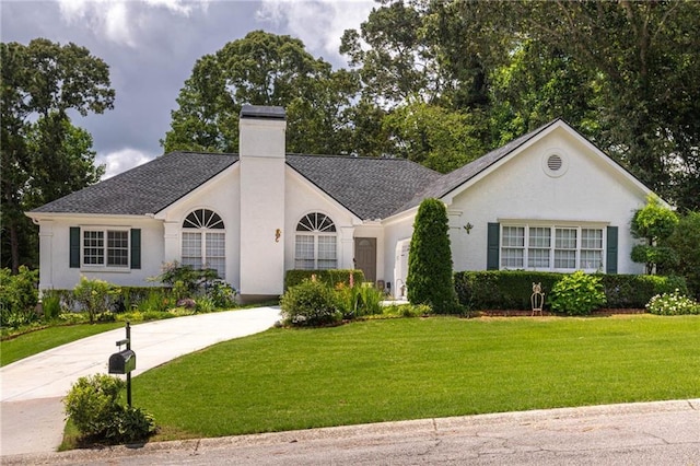 2355 Quail Creek Ter, Buford, GA 30519 - ranch-style house featuring a front lawn, a chimney, a garage, concrete driveway, and stucco siding