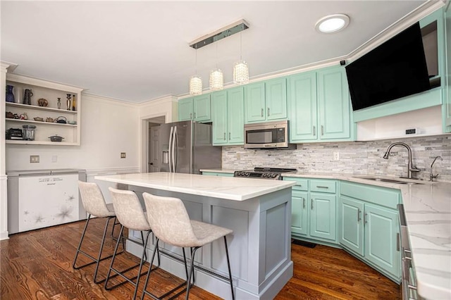 2355 Quail Creek Ter, Buford, GA 30519 - kitchen with stainless steel appliances, open shelves, a breakfast bar, a center island, and light stone counters