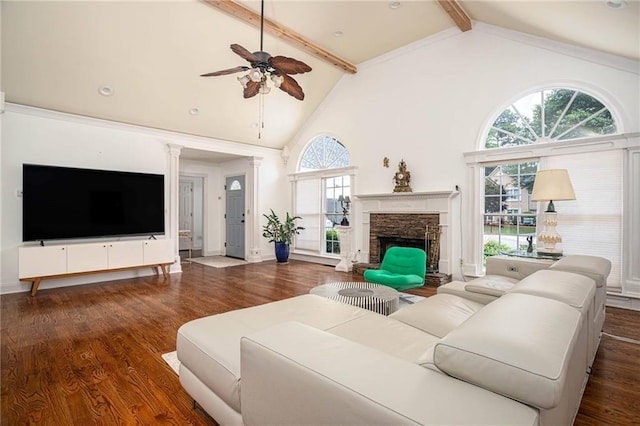 2355 Quail Creek Ter, Buford, GA 30519 - living area with beam ceiling, ceiling fan, high vaulted ceiling, wood finished floors, and a stone fireplace