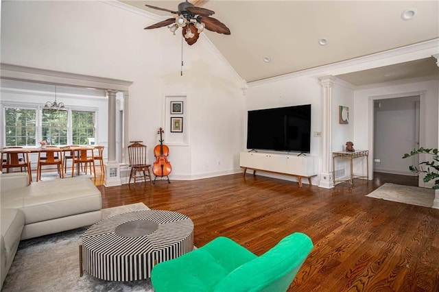 2355 Quail Creek Ter, Buford, GA 30519 - living area featuring ceiling fan, wood finished floors, ornamental molding, high vaulted ceiling, and ornate columns