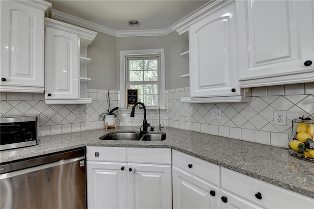 kitchen with a sink, open shelves, white cabinetry, and stainless steel appliances