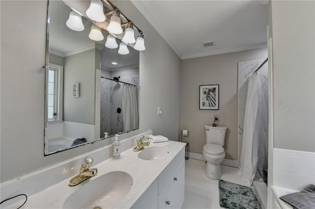 full bathroom featuring a sink, ornamental molding, and a shower with shower curtain