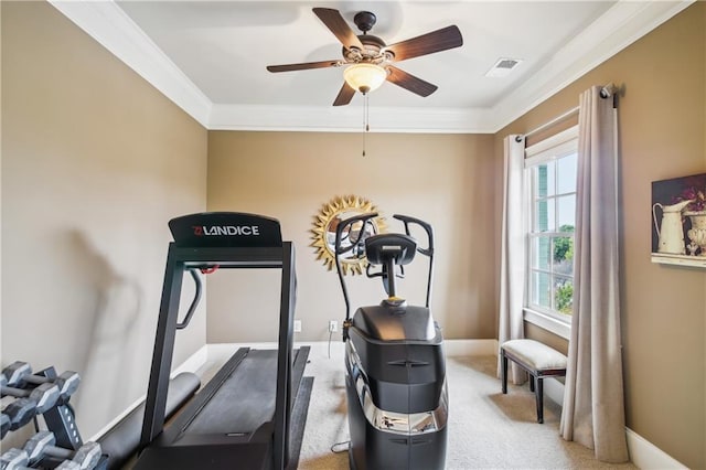 exercise area featuring visible vents, baseboards, crown molding, and ceiling fan