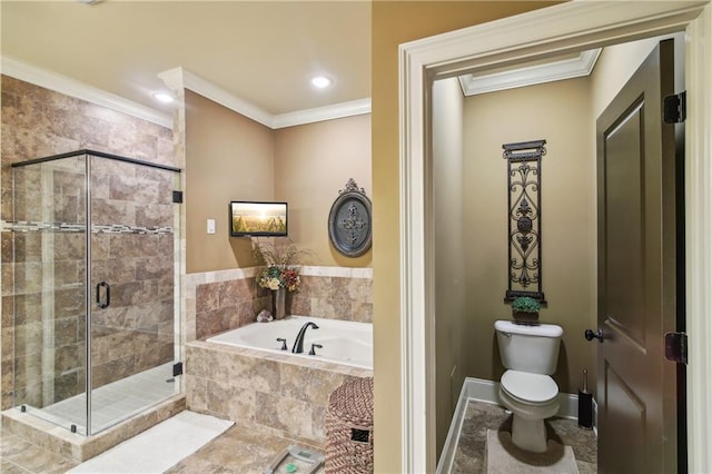 bathroom with a shower stall, crown molding, a garden tub, and toilet