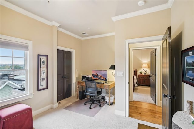 carpeted office space with visible vents, baseboards, and crown molding