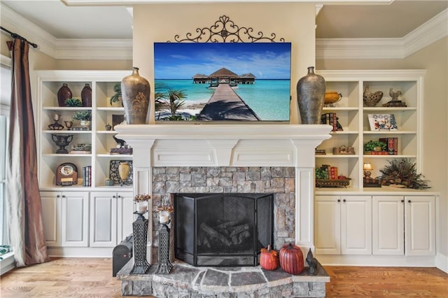 room details with crown molding, wood finished floors, and a fireplace