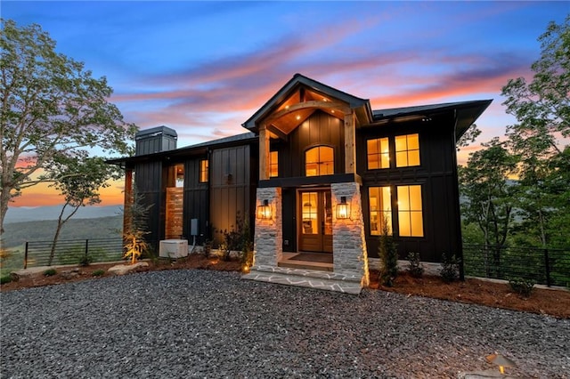 146 Overlook Way, Blue Ridge, GA 30513 - back of property with board and batten siding, a chimney, and stone siding