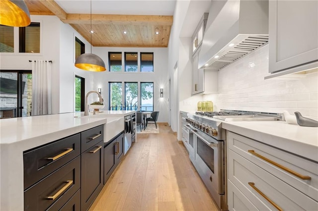 146 Overlook Way, Blue Ridge, GA 30513 - kitchen featuring double oven range, premium range hood, light countertops, a sink, and recessed lighting