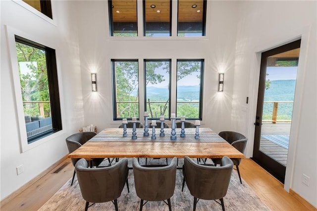 146 Overlook Way, Blue Ridge, GA 30513 - dining space with light wood-style flooring, a high ceiling, healthy amount of natural light, and baseboards
