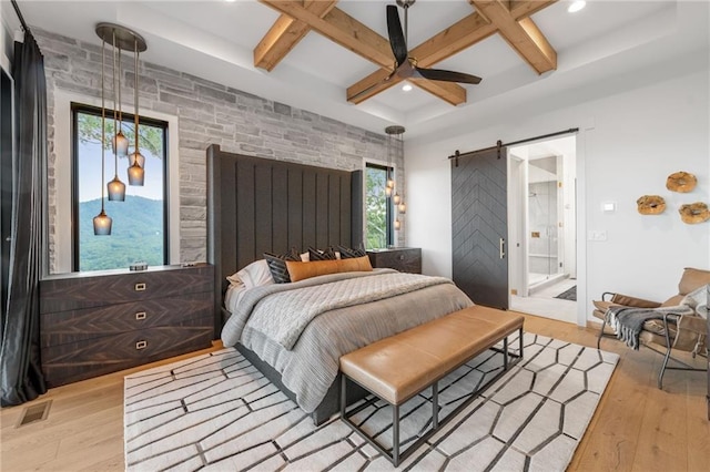146 Overlook Way, Blue Ridge, GA 30513 - bedroom with coffered ceiling, hardwood / wood-style floors, beamed ceiling, recessed lighting, and connected bathroom