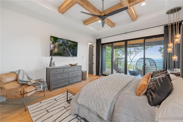 146 Overlook Way, Blue Ridge, GA 30513 - bedroom with coffered ceiling, access to outside, beamed ceiling, light wood-style flooring, and recessed lighting