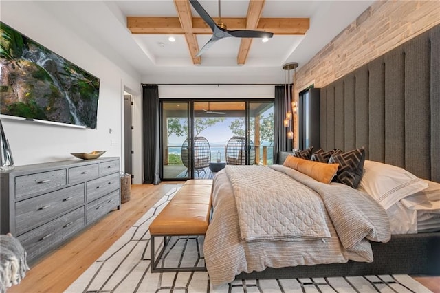 146 Overlook Way, Blue Ridge, GA 30513 - bedroom featuring coffered ceiling, beamed ceiling, light wood-style floors, and access to outside
