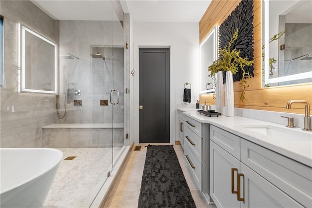 146 Overlook Way, Blue Ridge, GA 30513 - full bath featuring a stall shower, double vanity, and a freestanding tub