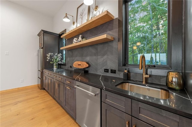 146 Overlook Way, Blue Ridge, GA 30513 - kitchen featuring appliances with stainless steel finishes, a sink, open shelves, tasteful backsplash, and light wood-type flooring