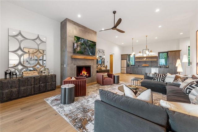 146 Overlook Way, Blue Ridge, GA 30513 - living room with a ceiling fan, light wood-style floors, a fireplace, and recessed lighting