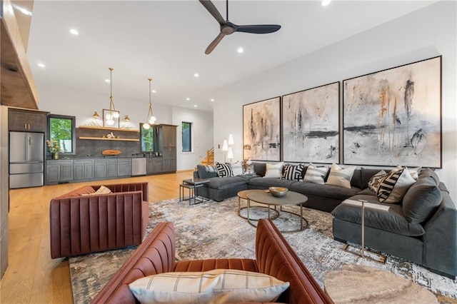 146 Overlook Way, Blue Ridge, GA 30513 - living room featuring recessed lighting, ceiling fan, and light wood-type flooring