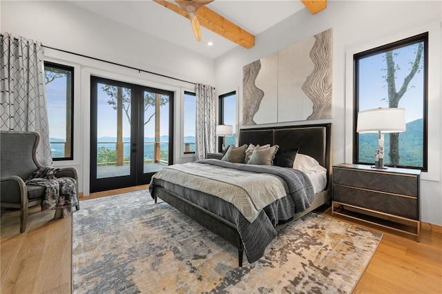 146 Overlook Way, Blue Ridge, GA 30513 - bedroom with access to exterior, french doors, wood finished floors, beam ceiling, and recessed lighting