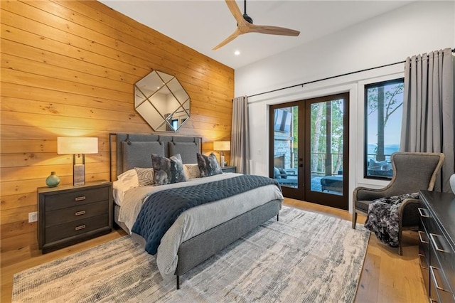 146 Overlook Way, Blue Ridge, GA 30513 - bedroom featuring french doors, access to outside, light wood-style floors, recessed lighting, and wood walls