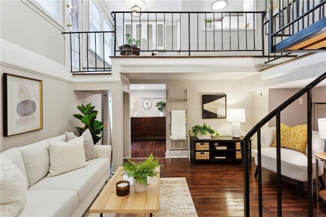 living room featuring a towering ceiling and dark hardwood / wood-style floors