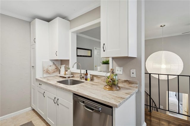 kitchen featuring sink, white cabinetry, stainless steel dishwasher, and light stone countertops