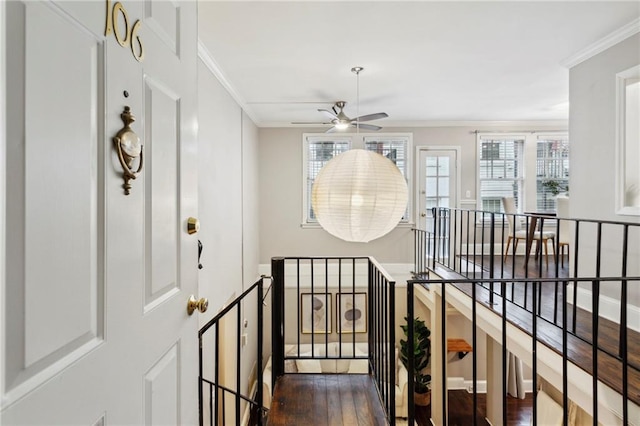 hallway featuring ornamental molding and dark hardwood / wood-style flooring