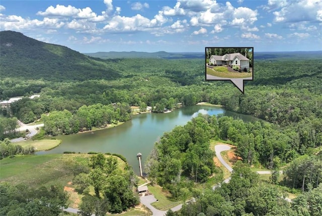 bird's eye view featuring a water and mountain view