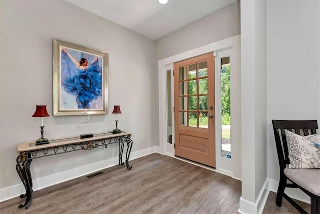 entryway with hardwood / wood-style floors